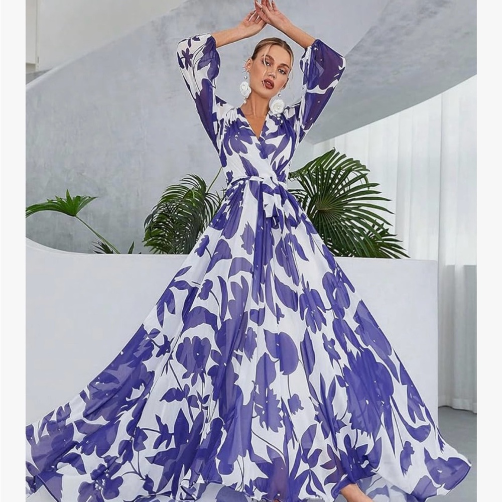 Elegant Floral Blue and White Maxi Dress
